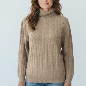 Neiman Marcus Cashmere Cable Knit Turtleneck Sweater Light Brown Size Small